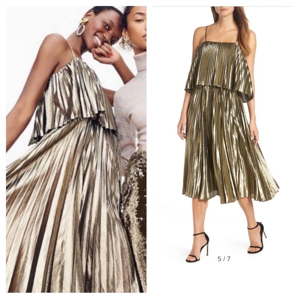 J. Crew / NWT Collection Pleated Gold Lamé Midi Dress Hollywood GLAM FLApper 12
